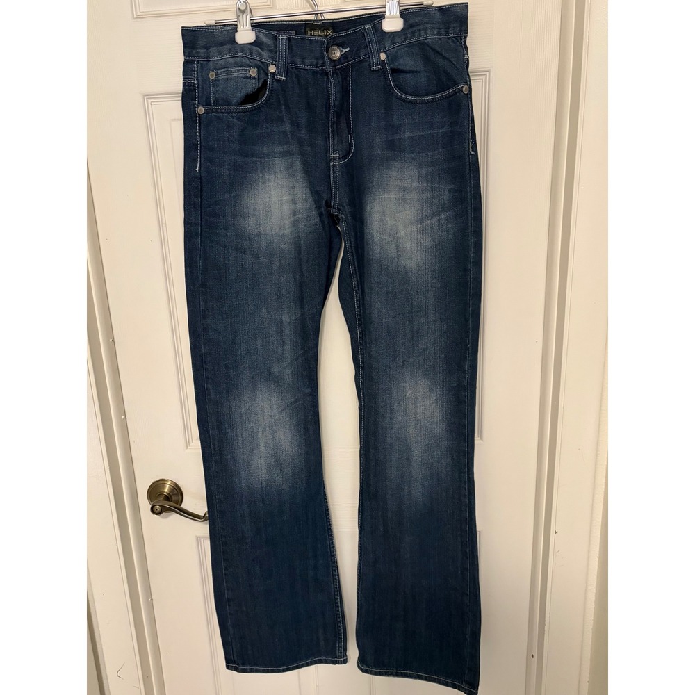 Helix Relaxed Boot Mens Jeans 32x34 DarkWash Denim Embroidered Pockets Y2K Style